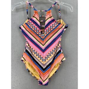 Hobie Swimsuit‎ Juniors M Pink Stripe One Piece Standard High Neck Strappy Front